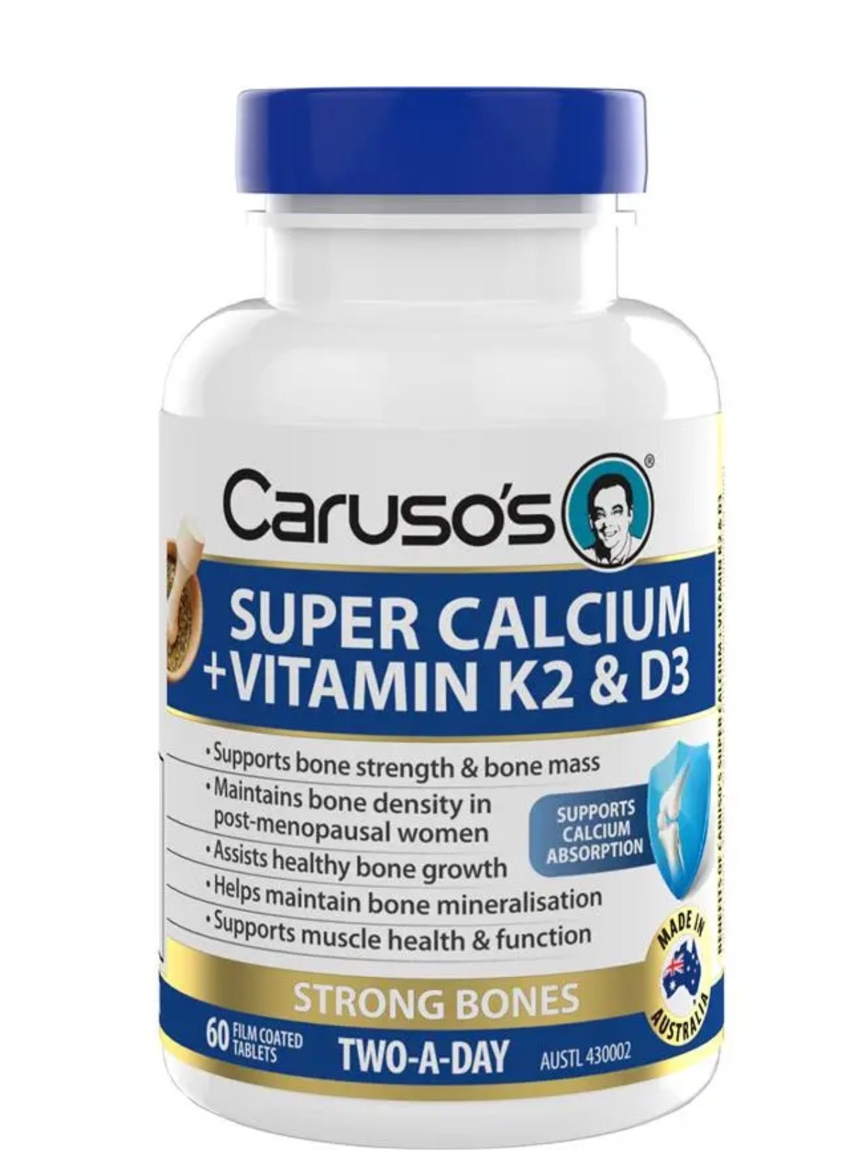 Caruso's Super Calcium + Vitamin K2 & D3 60 Tablets - BeeVitamins