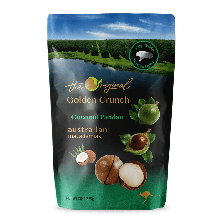 The Original Golden Crunch Australian Macadamias Coconut Pandan 225g - BeeVitamins