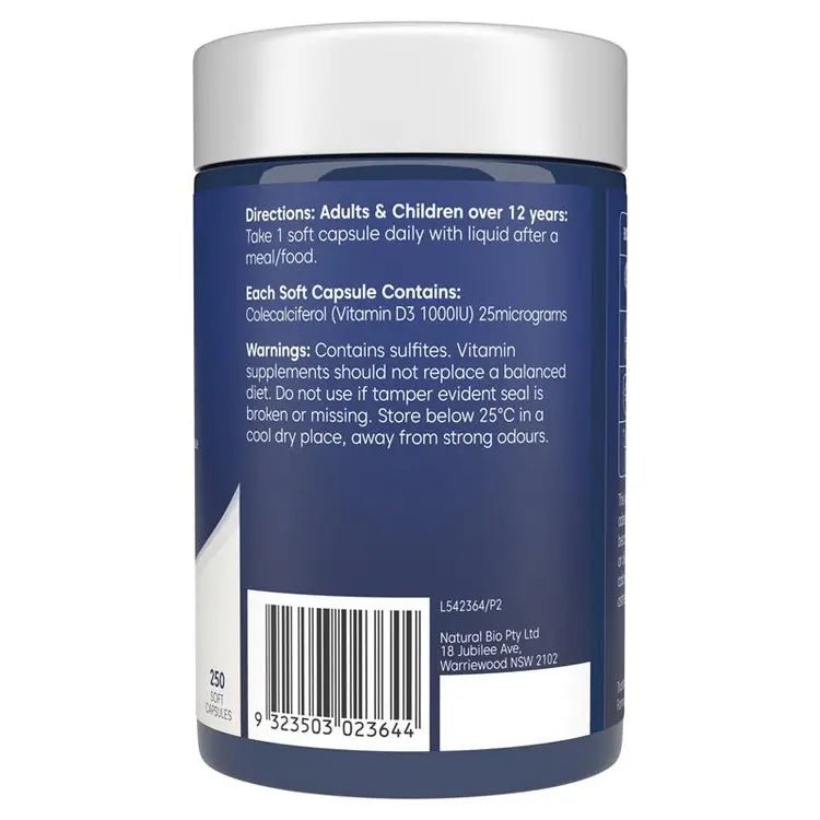 Bioglan Vitamin D3 1000IU 250 Capsules - BeeVitamins