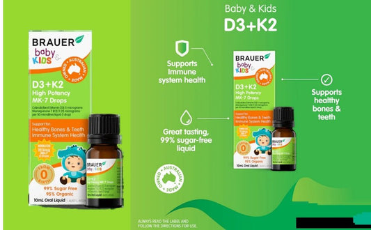 Brauer Baby & Kids D3+K2 High Potency MK - 7 Drops 10mL Oral Liquid - BeeVitamins