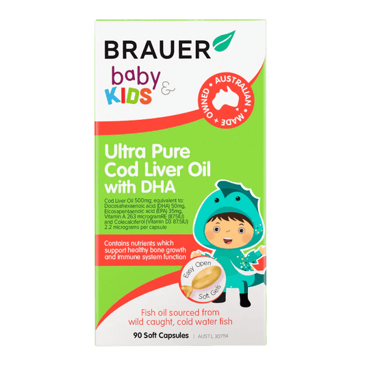 Brauer Baby & Kids Ultra Pure Cod Liver Oil with DHA 90 Soft Capsules - BeeVitamins