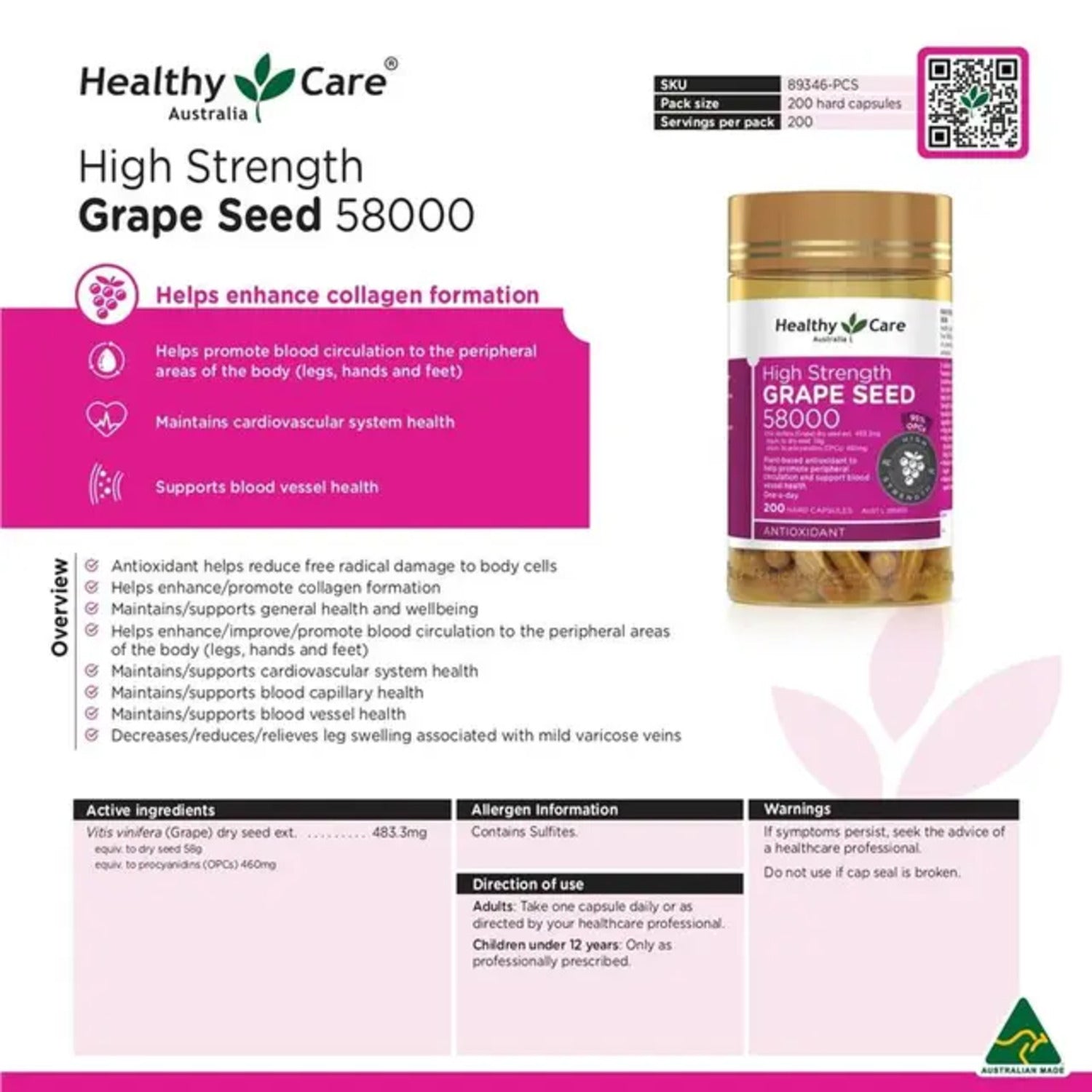 Healthy Care Grape Seed 58000mg 200 Capsules - BeeVitamins