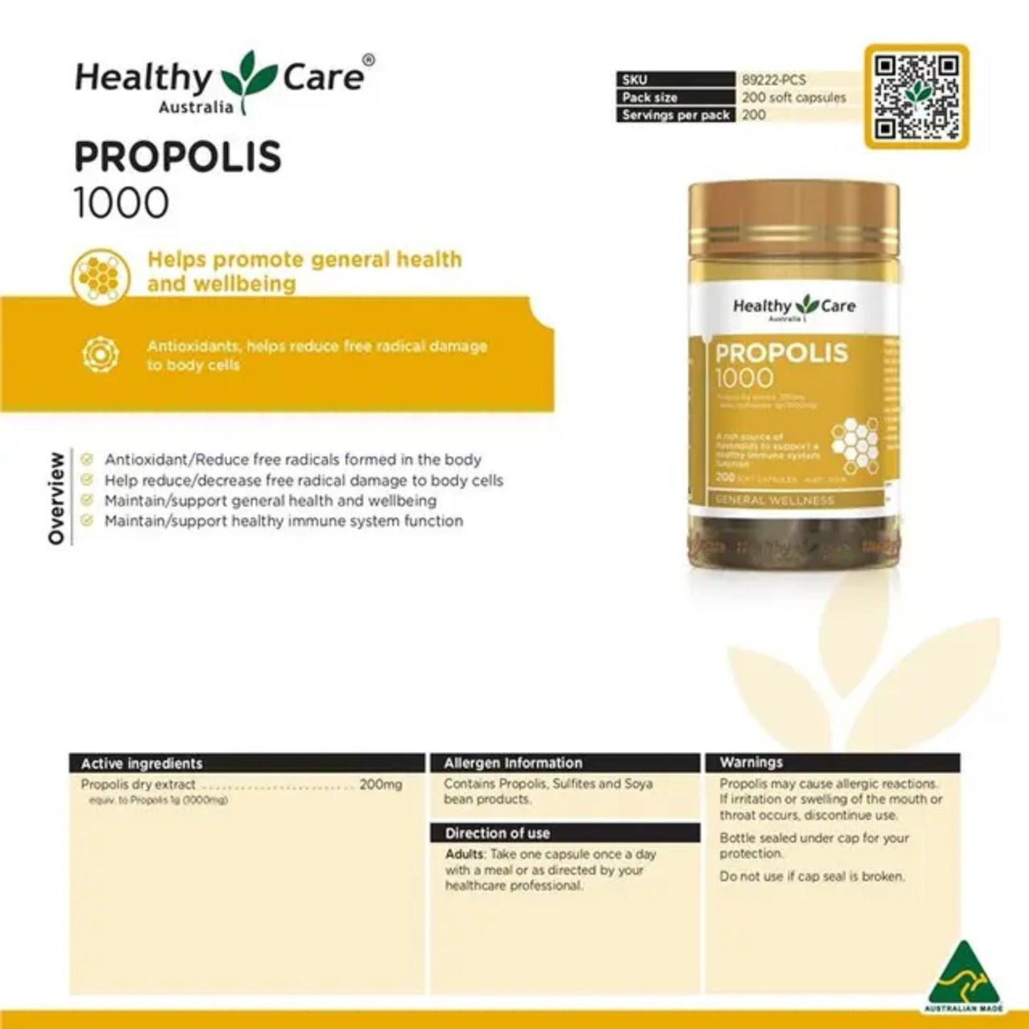 Healthy Care Propolis 1000mg 200 Capsules - BeeVitamins