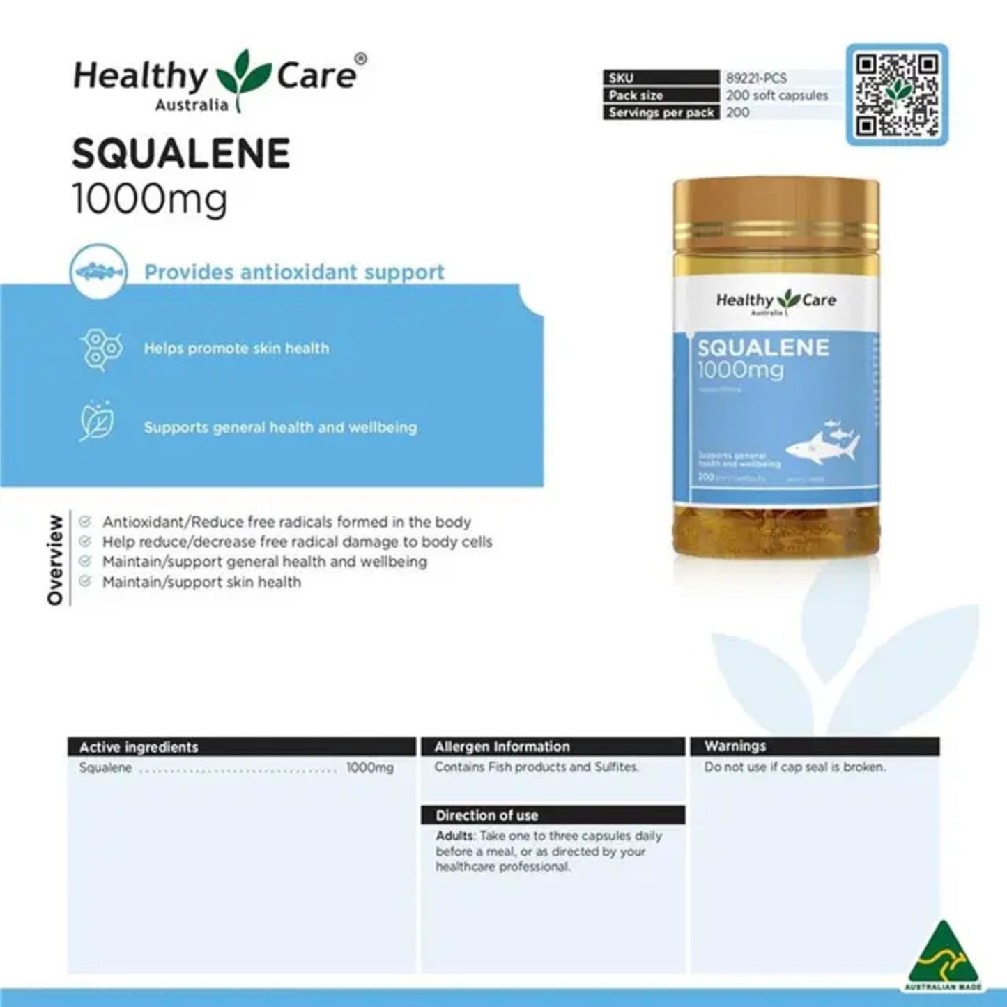 Healthy Care Squalene 1000mg 200 Capsules
