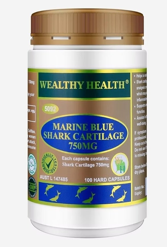 Wealthy Health Marine Blue Shark Cartilage 750mg 100 Capsules - BeeVitamins